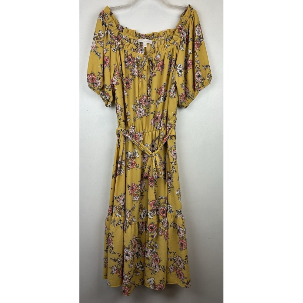 Prairie Dress Womens 2X Yellow Floral Puff Sleeve Tiered Lined Prairie Cottage